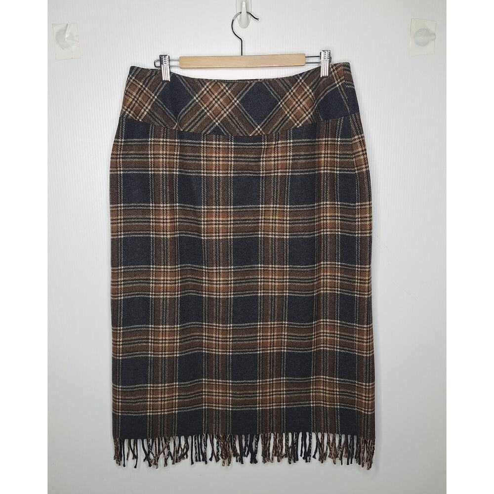 VTG 90s Wool Plaid Midi Blanket Skirt Tartan Wrap Fringe L 14 Academia Preppy - Picture 9 of 9